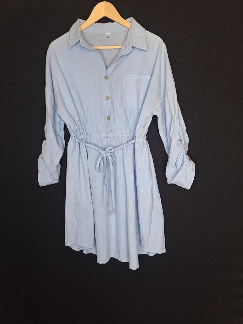 💙 Zeagoo Light Blue Cotton Shirt Dress Roll Tab Sleeve Size XL Tie Waist Casual
